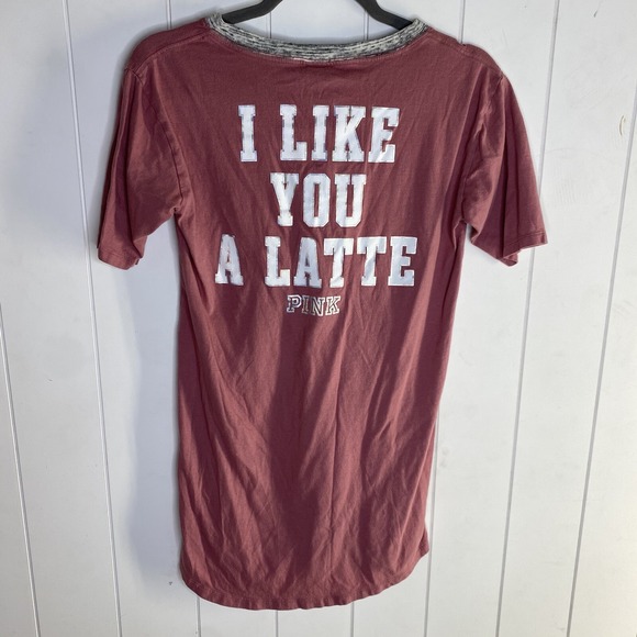 VICTORIAS SECRET PINK "I LIKE YOU A LATTE" LACE UP SCOOPNE CREW DOG TEE XS Night - Picture 1 of 9